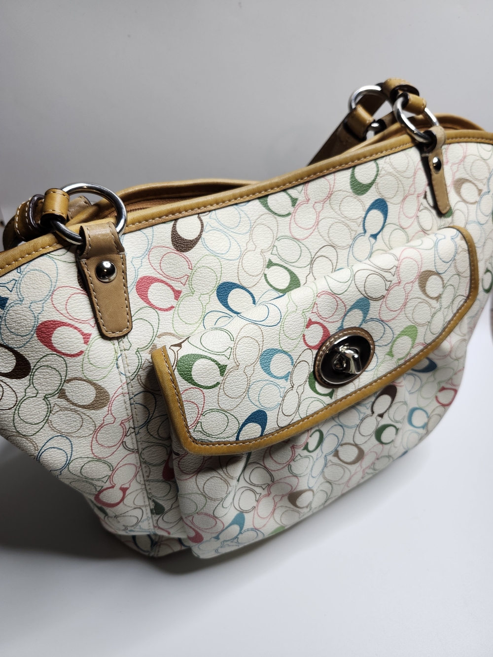 Coach Multicolor 'C' Signature Shoulder Bag - Cream Base with Tan Trim